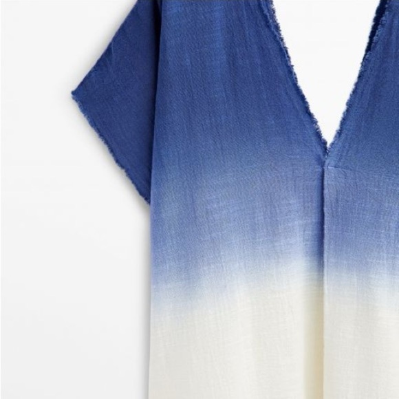 NWT. Massimo Dutti Sky Blue Ombre 100% Cotton V-neck Rustic Shirt. Size M. - Picture 6 of 11